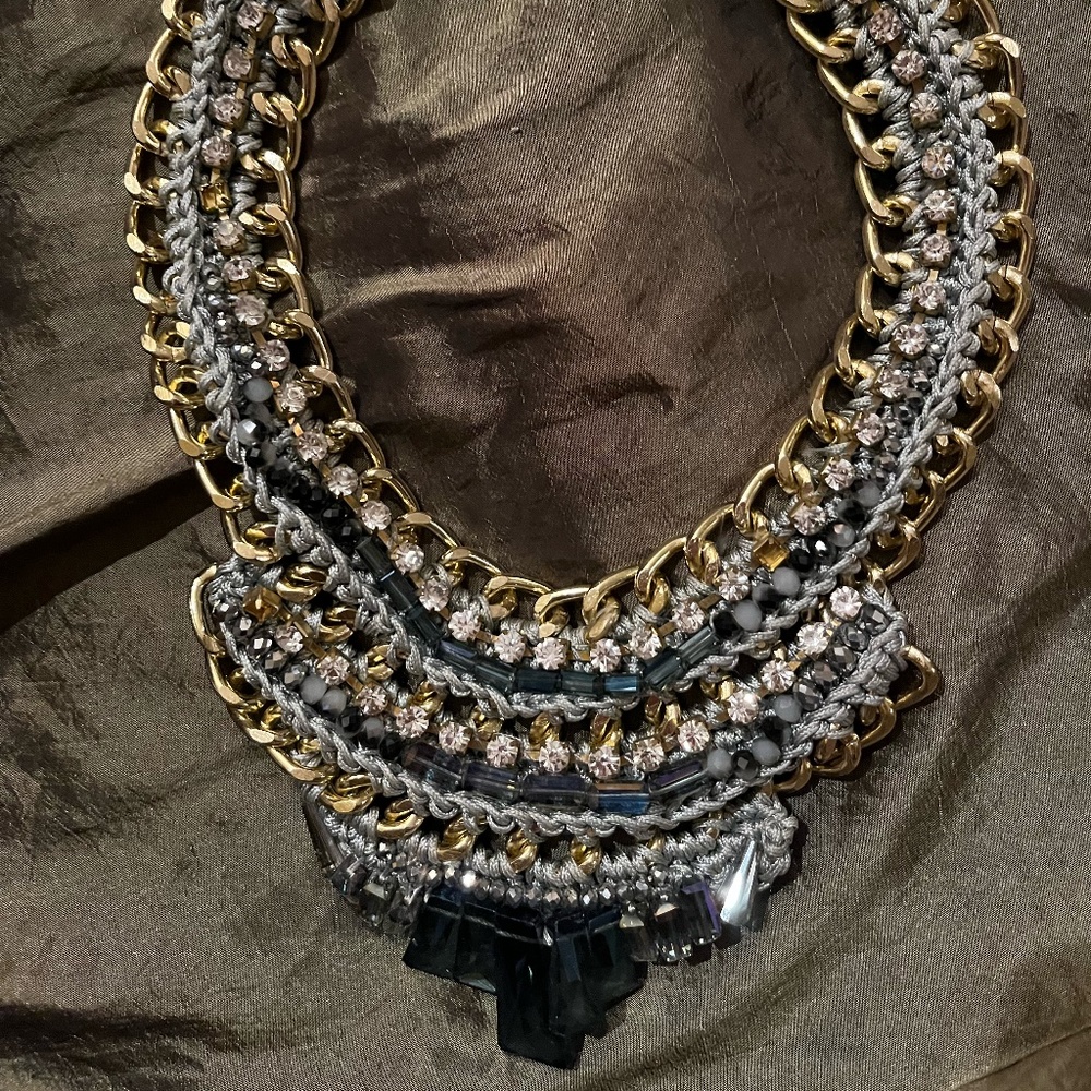 Bohemian Blue, Gold, and Rhinestone Choker